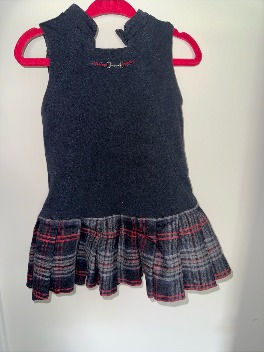 Gucci Navy Knit Dress with Red Plaid Pleated Skirt